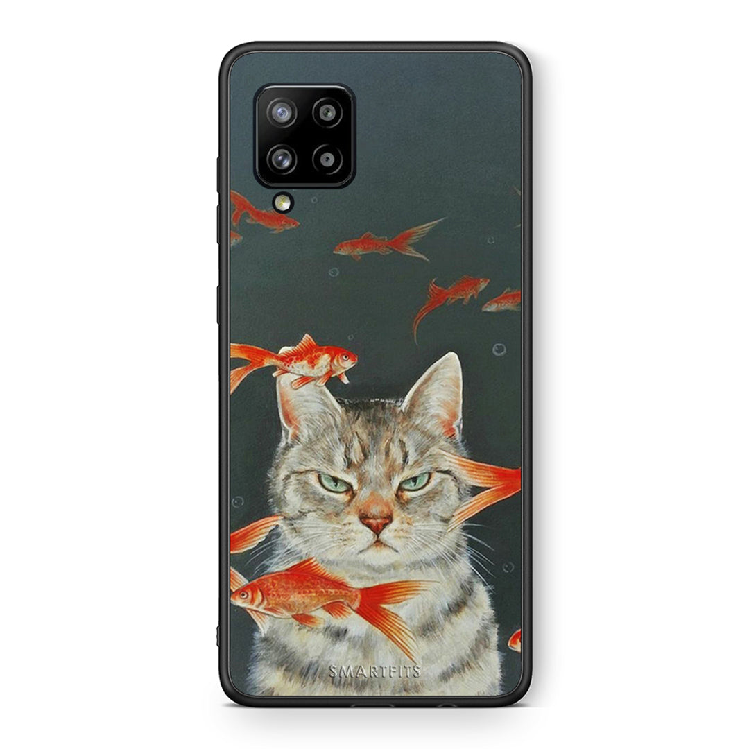 Θήκη Samsung Galaxy A42 Cat Goldfish από τη Smartfits με σχέδιο στο πίσω μέρος και μαύρο περίβλημα | Samsung Galaxy A42 Cat Goldfish case with colorful back and black bezels