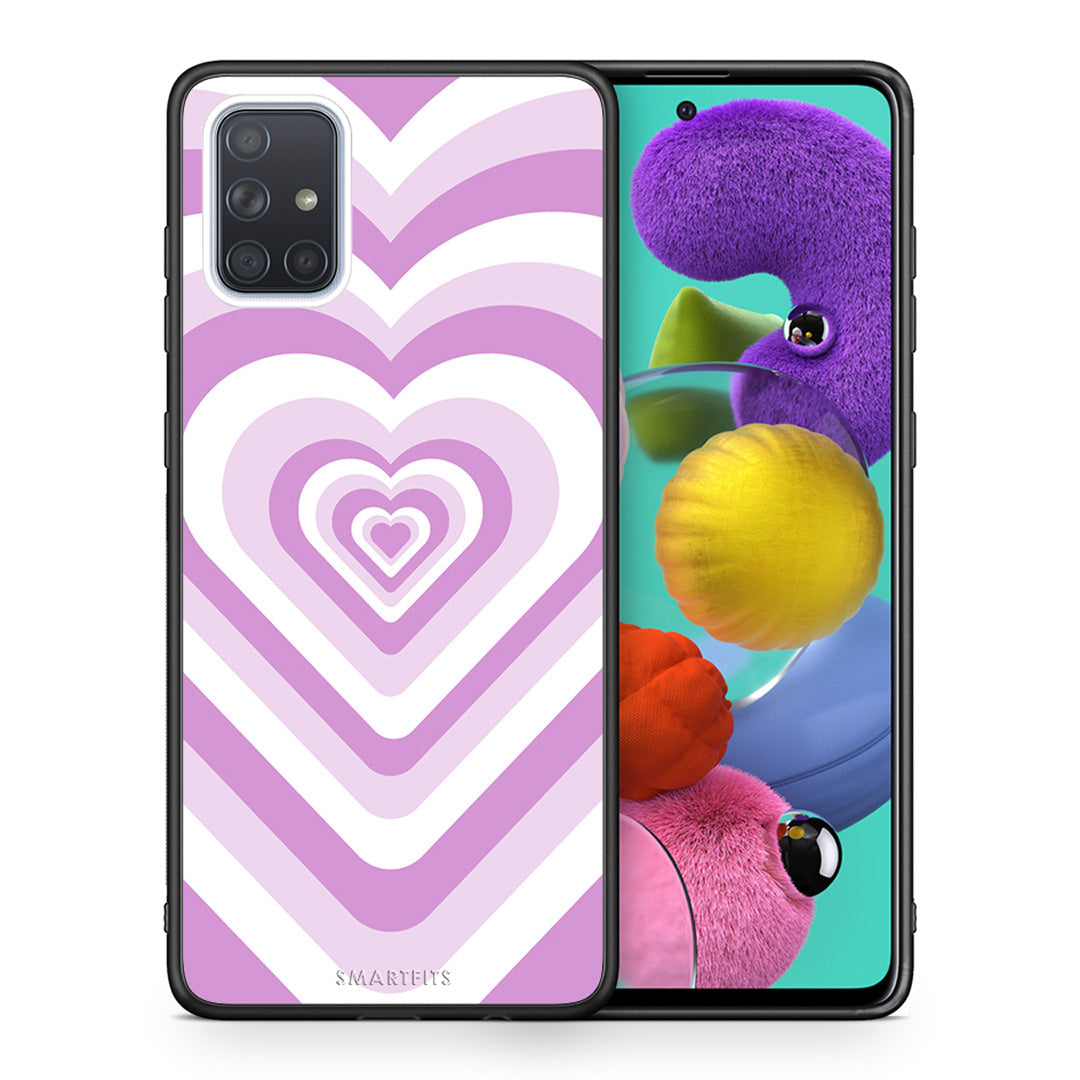 Θήκη Samsung A51 Lilac Hearts από τη Smartfits με σχέδιο στο πίσω μέρος και μαύρο περίβλημα | Samsung A51 Lilac Hearts case with colorful back and black bezels