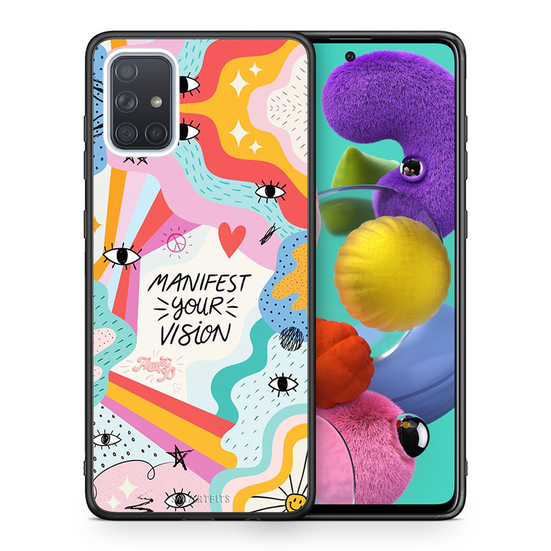 Θήκη Samsung A51 Manifest Your Vision από τη Smartfits με σχέδιο στο πίσω μέρος και μαύρο περίβλημα | Samsung A51 Manifest Your Vision case with colorful back and black bezels
