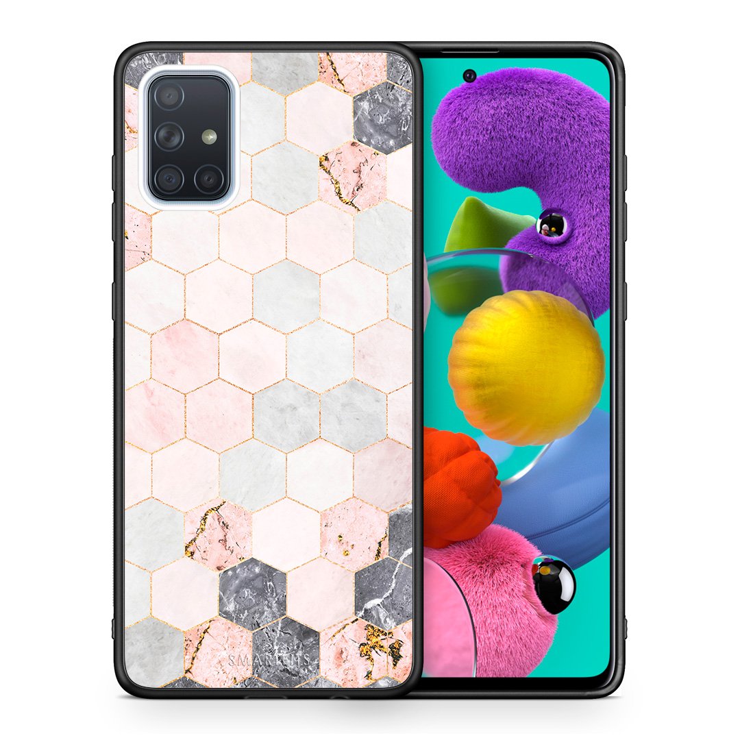 Θήκη Samsung A51 Hexagon Pink Marble από τη Smartfits με σχέδιο στο πίσω μέρος και μαύρο περίβλημα | Samsung A51 Hexagon Pink Marble case with colorful back and black bezels