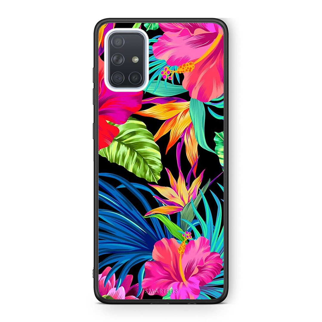 Samsung A71 Tropical Flowers θήκη από τη Smartfits με σχέδιο στο πίσω μέρος και μαύρο περίβλημα | Smartphone case with colorful back and black bezels by Smartfits