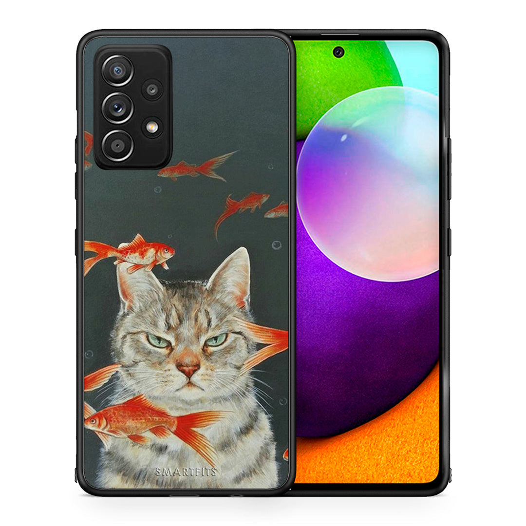 Θήκη Samsung Galaxy A52 Cat Goldfish από τη Smartfits με σχέδιο στο πίσω μέρος και μαύρο περίβλημα | Samsung Galaxy A52 Cat Goldfish case with colorful back and black bezels