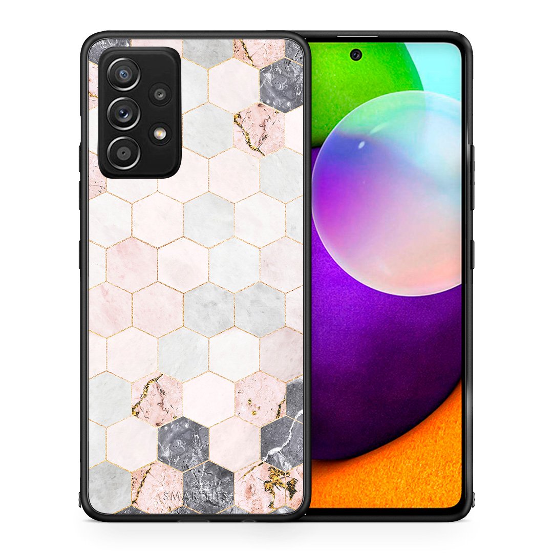 Θήκη Samsung Galaxy A52 Hexagon Pink Marble από τη Smartfits με σχέδιο στο πίσω μέρος και μαύρο περίβλημα | Samsung Galaxy A52 Hexagon Pink Marble case with colorful back and black bezels