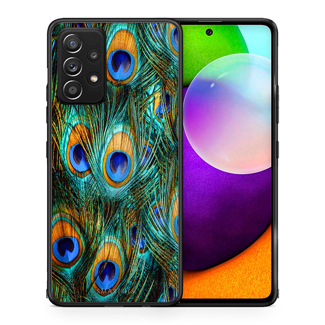 Θήκη Samsung Galaxy A52 Real Peacock Feathers από τη Smartfits με σχέδιο στο πίσω μέρος και μαύρο περίβλημα | Samsung Galaxy A52 Real Peacock Feathers case with colorful back and black bezels