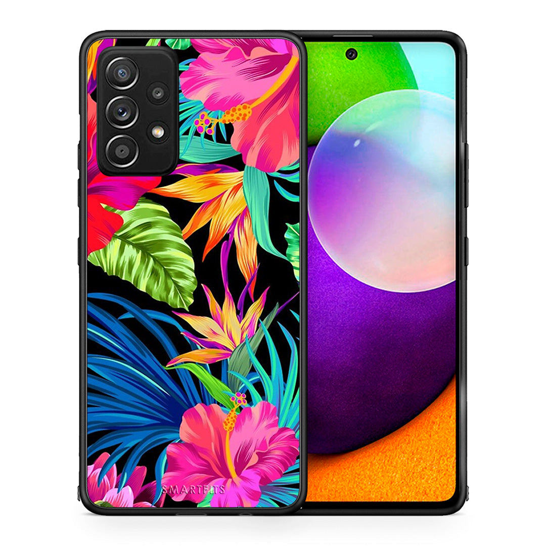 Θήκη Samsung Galaxy A52 Tropical Flowers από τη Smartfits με σχέδιο στο πίσω μέρος και μαύρο περίβλημα | Samsung Galaxy A52 Tropical Flowers case with colorful back and black bezels