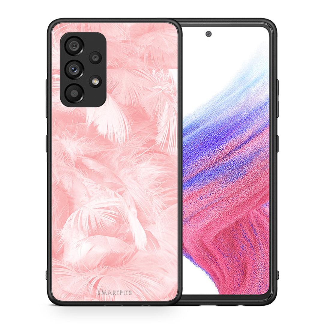 Θήκη Samsung A53 5G Pink Feather Boho από τη Smartfits με σχέδιο στο πίσω μέρος και μαύρο περίβλημα | Samsung A53 5G Pink Feather Boho case with colorful back and black bezels