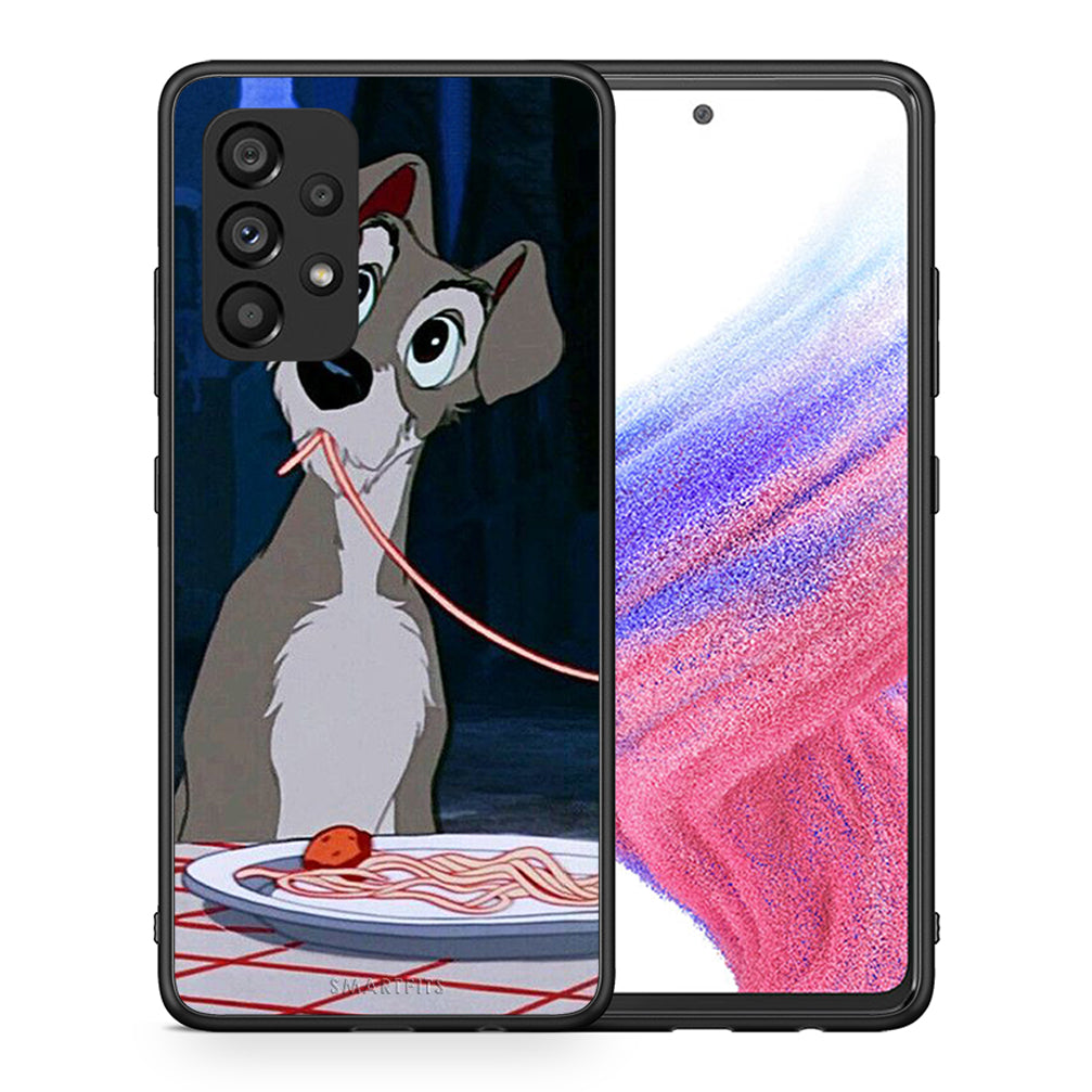 Θήκη Αγίου Βαλεντίνου Samsung A53 5G Lady And Tramp 1 από τη Smartfits με σχέδιο στο πίσω μέρος και μαύρο περίβλημα | Samsung A53 5G Lady And Tramp 1 case with colorful back and black bezels