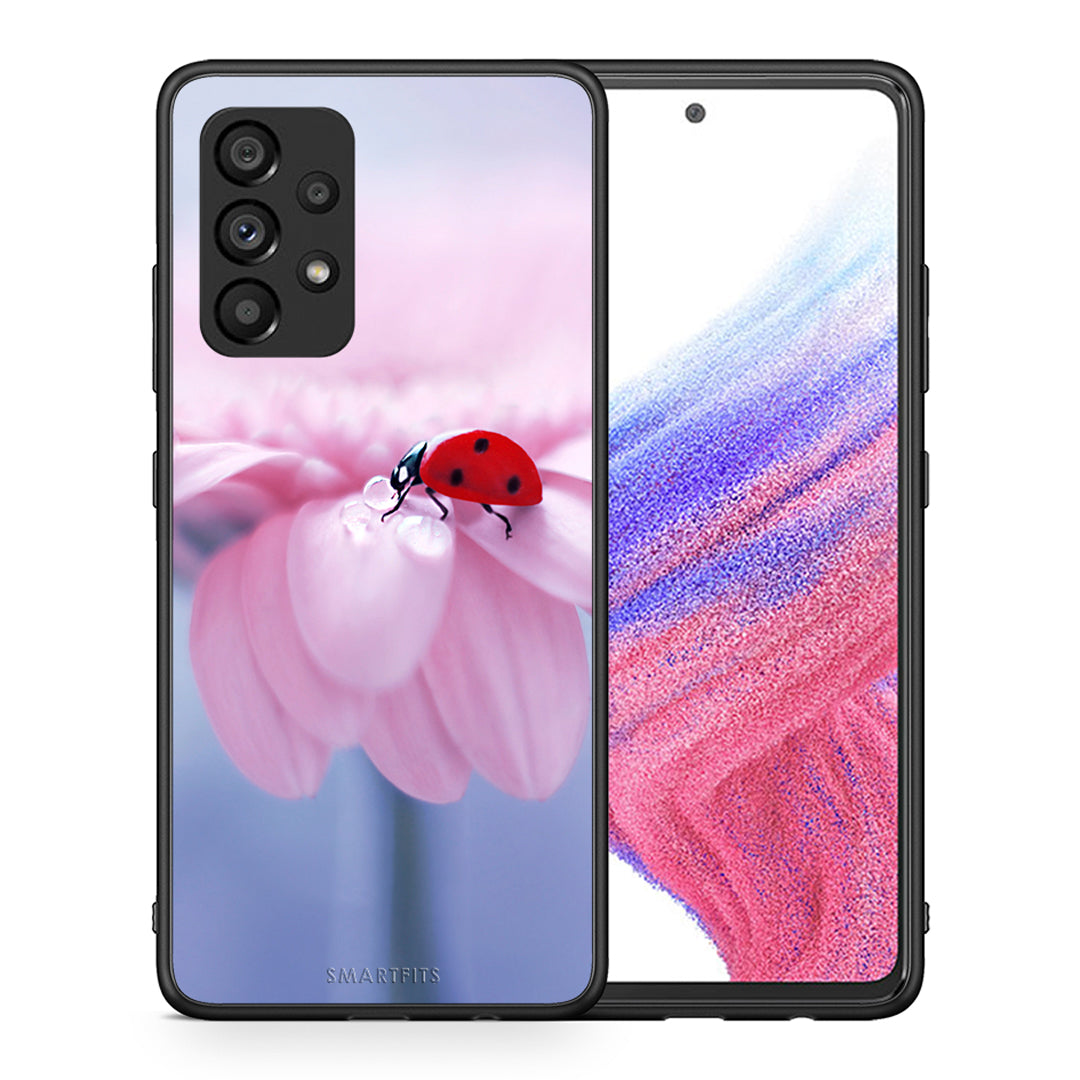 Θήκη Samsung A53 5G Ladybug Flower από τη Smartfits με σχέδιο στο πίσω μέρος και μαύρο περίβλημα | Samsung A53 5G Ladybug Flower case with colorful back and black bezels