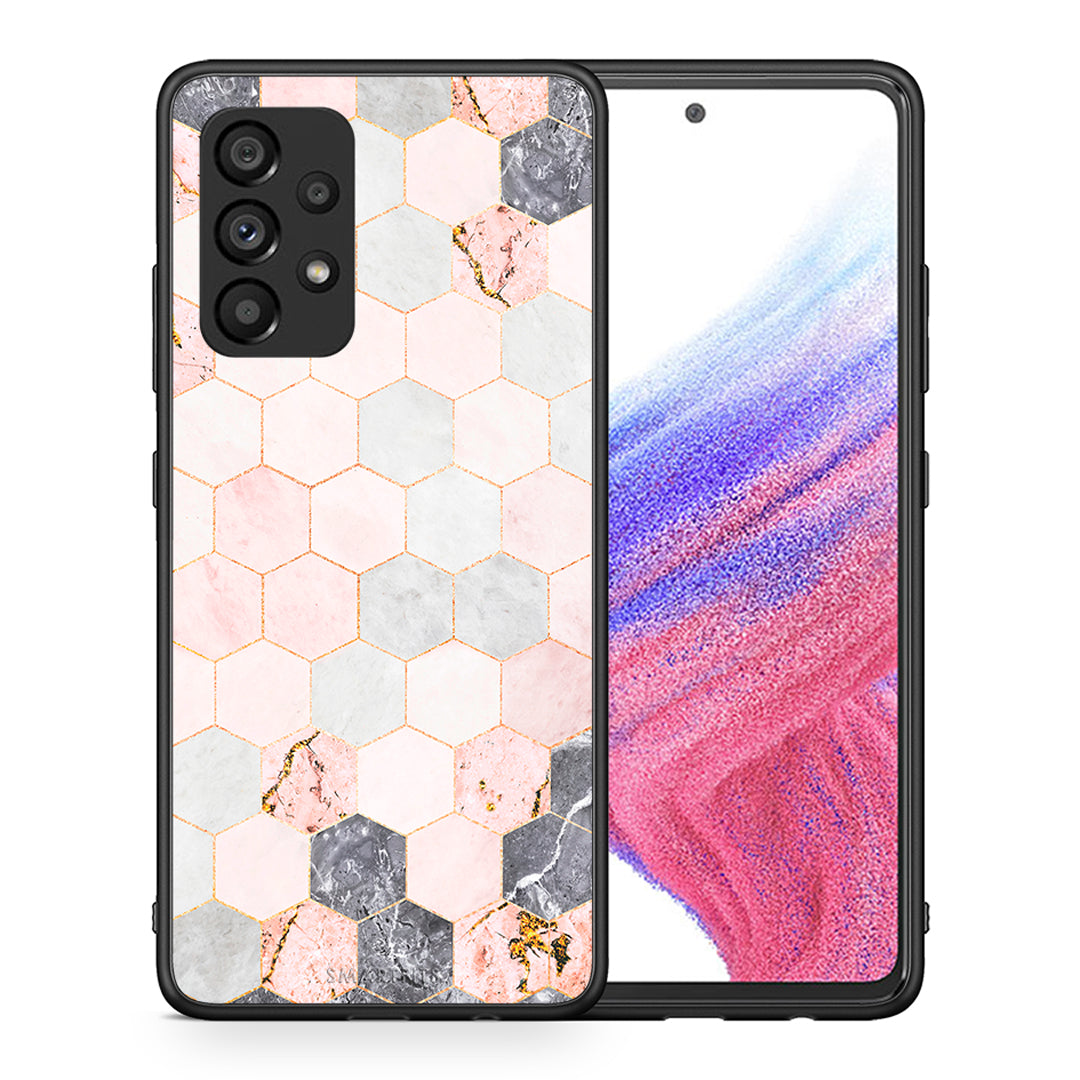 Θήκη Samsung A53 5G Hexagon Pink Marble από τη Smartfits με σχέδιο στο πίσω μέρος και μαύρο περίβλημα | Samsung A53 5G Hexagon Pink Marble case with colorful back and black bezels