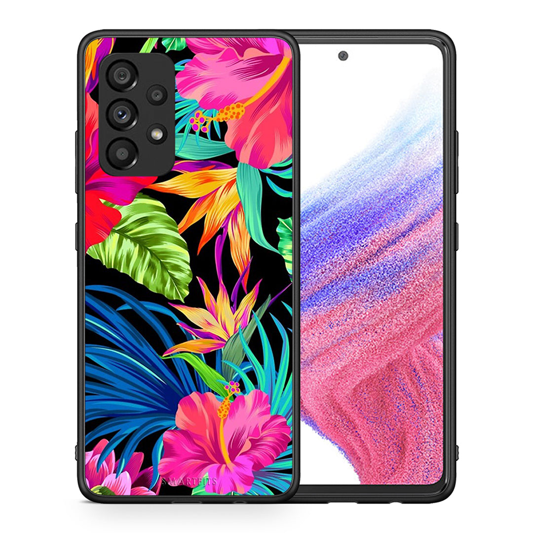 Θήκη Samsung A53 5G Tropical Flowers από τη Smartfits με σχέδιο στο πίσω μέρος και μαύρο περίβλημα | Samsung A53 5G Tropical Flowers case with colorful back and black bezels