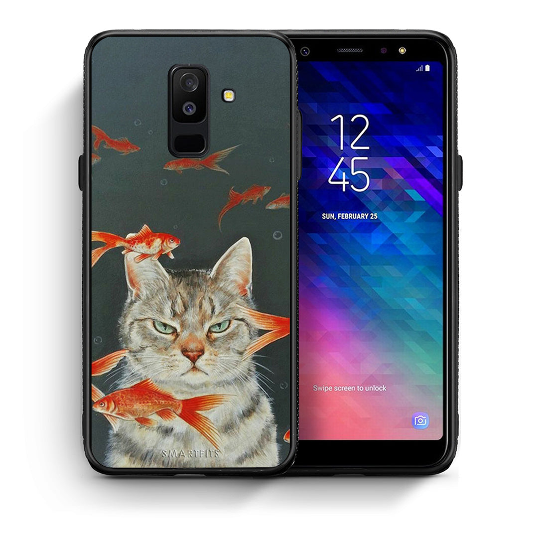 Θήκη Samsung A6+ 2018 Cat Goldfish από τη Smartfits με σχέδιο στο πίσω μέρος και μαύρο περίβλημα | Samsung A6+ 2018 Cat Goldfish case with colorful back and black bezels