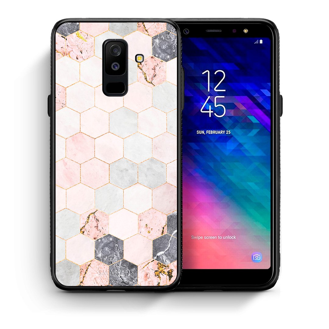 Θήκη Samsung A6+ 2018 Hexagon Pink Marble από τη Smartfits με σχέδιο στο πίσω μέρος και μαύρο περίβλημα | Samsung A6+ 2018 Hexagon Pink Marble case with colorful back and black bezels