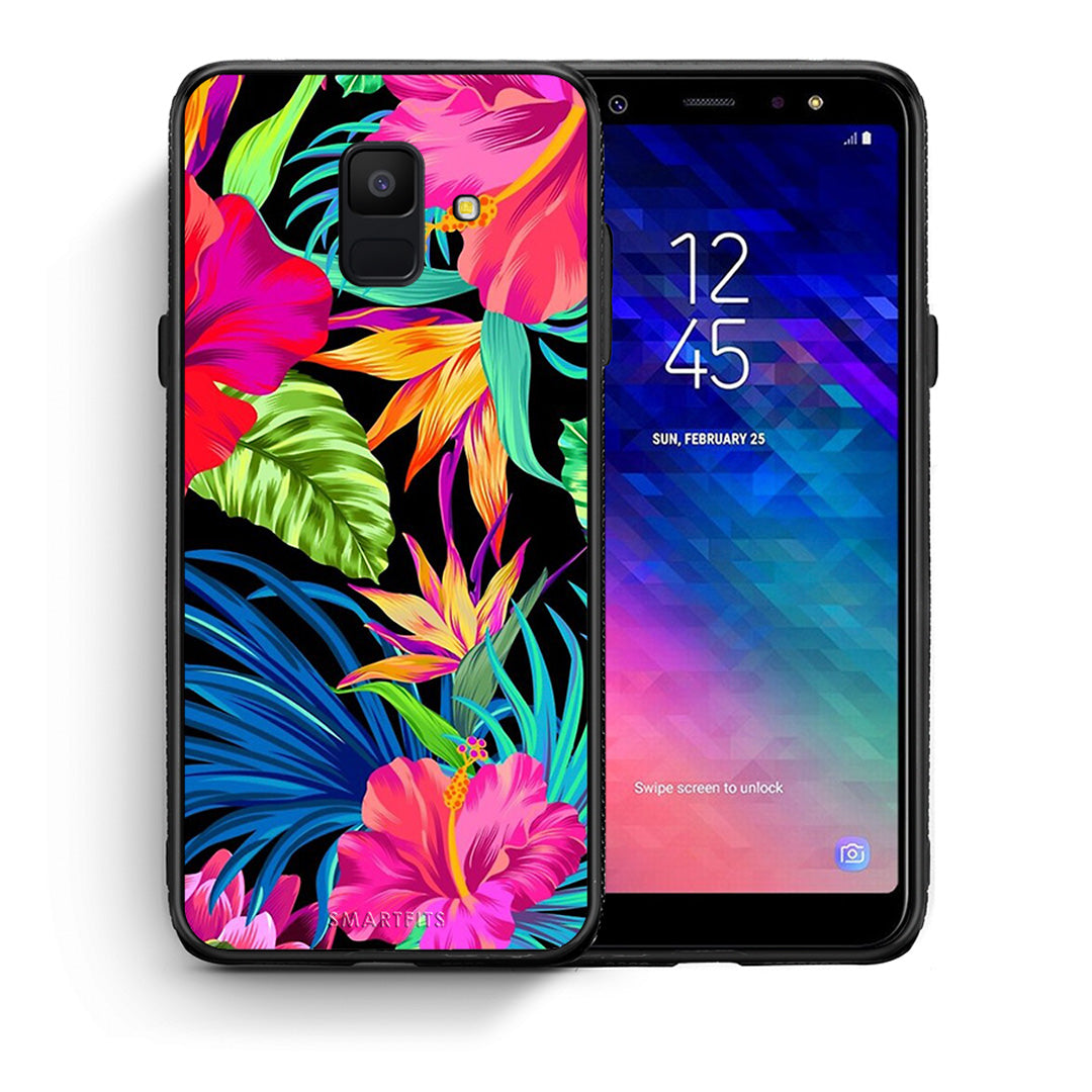 Θήκη Samsung A6 2018 Tropical Flowers από τη Smartfits με σχέδιο στο πίσω μέρος και μαύρο περίβλημα | Samsung A6 2018 Tropical Flowers case with colorful back and black bezels