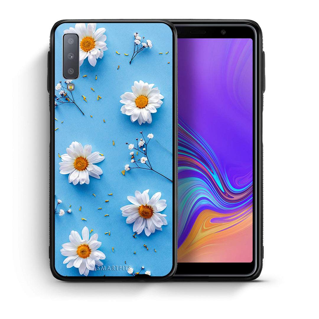 Θήκη Samsung A7 2018 Real Daisies από τη Smartfits με σχέδιο στο πίσω μέρος και μαύρο περίβλημα | Samsung A7 2018 Real Daisies case with colorful back and black bezels