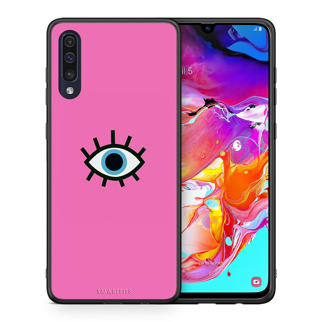 Θήκη Samsung A70 Blue Eye Pink από τη Smartfits με σχέδιο στο πίσω μέρος και μαύρο περίβλημα | Samsung A70 Blue Eye Pink case with colorful back and black bezels