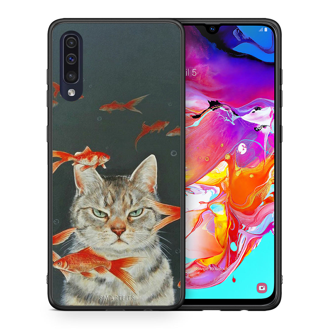 Θήκη Samsung A70 Cat Goldfish από τη Smartfits με σχέδιο στο πίσω μέρος και μαύρο περίβλημα | Samsung A70 Cat Goldfish case with colorful back and black bezels
