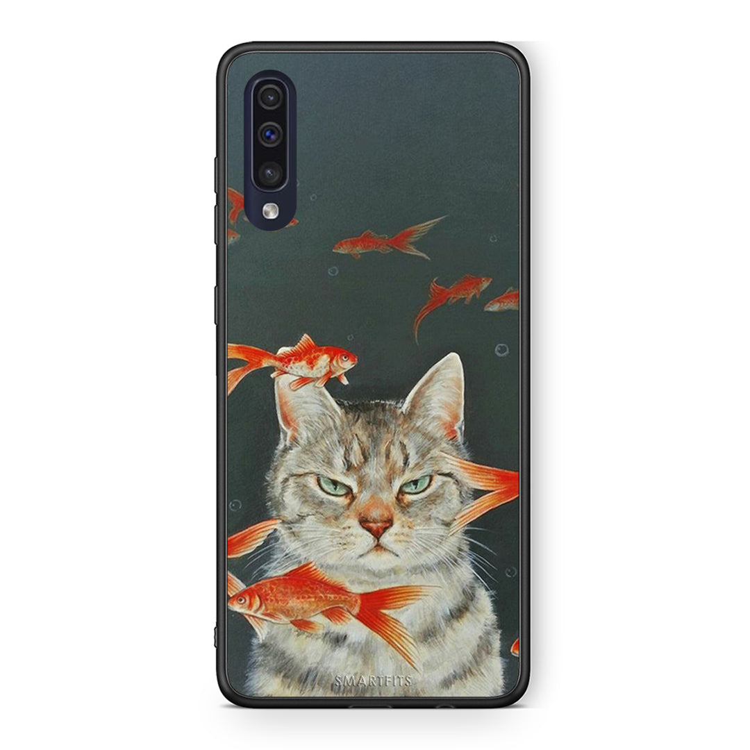 Samsung A70 Cat Goldfish θήκη από τη Smartfits με σχέδιο στο πίσω μέρος και μαύρο περίβλημα | Smartphone case with colorful back and black bezels by Smartfits