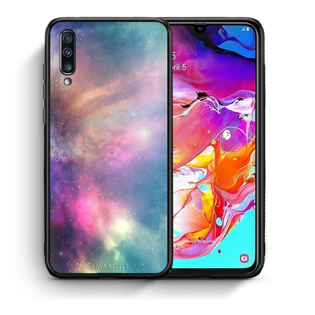 Θήκη Samsung A70 Rainbow Galaxy από τη Smartfits με σχέδιο στο πίσω μέρος και μαύρο περίβλημα | Samsung A70 Rainbow Galaxy case with colorful back and black bezels