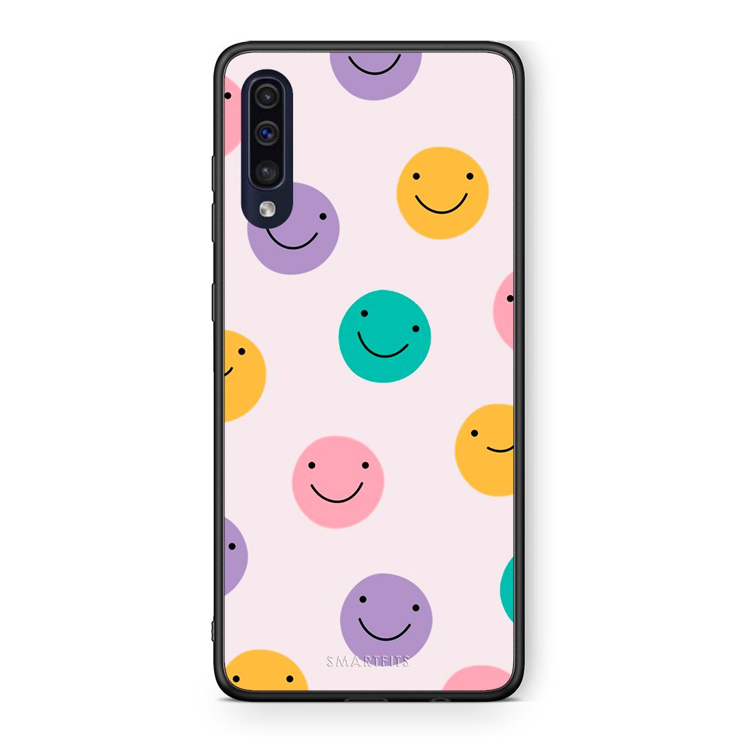 Samsung A70 Smiley Faces θήκη από τη Smartfits με σχέδιο στο πίσω μέρος και μαύρο περίβλημα | Smartphone case with colorful back and black bezels by Smartfits