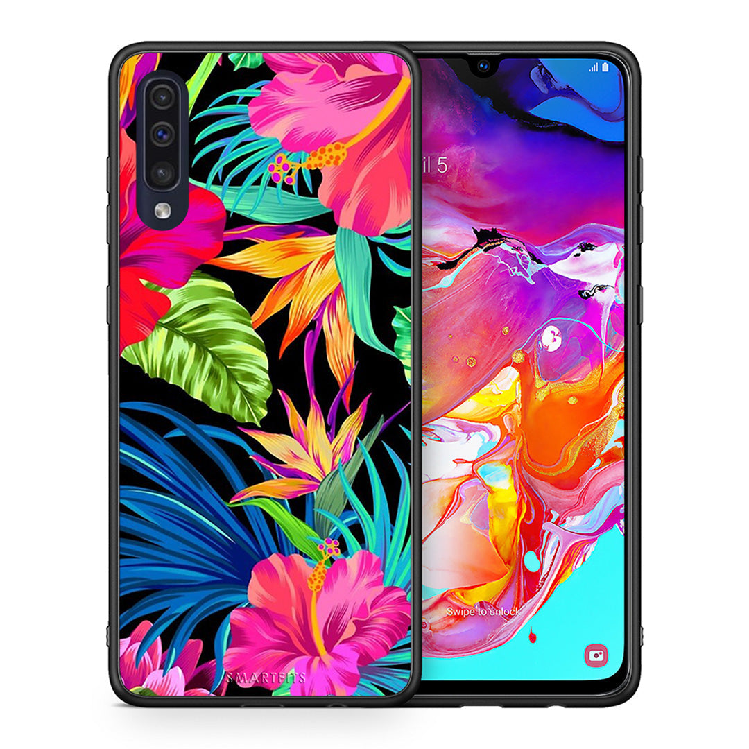 Θήκη Samsung A70 Tropical Flowers από τη Smartfits με σχέδιο στο πίσω μέρος και μαύρο περίβλημα | Samsung A70 Tropical Flowers case with colorful back and black bezels