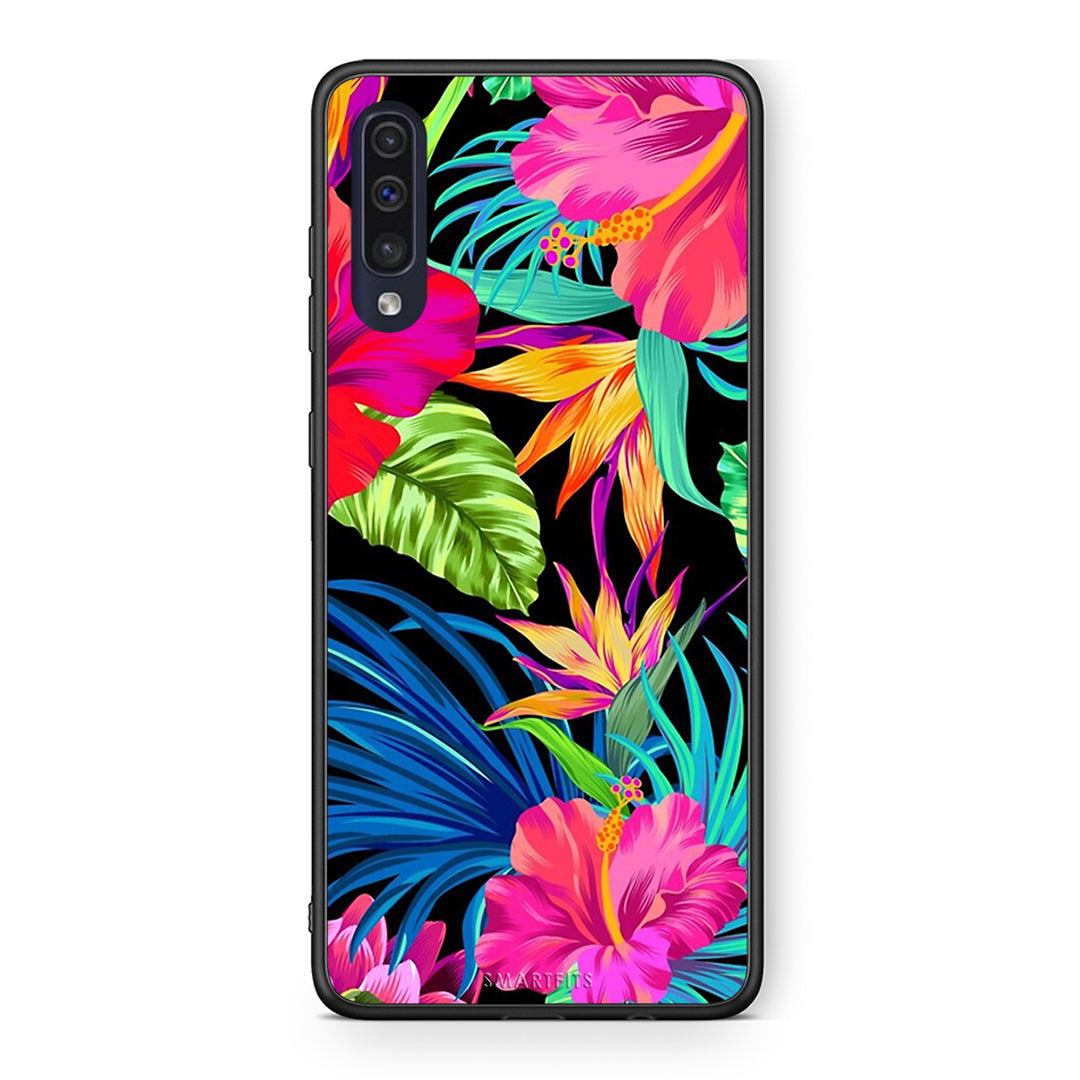 Samsung A70 Tropical Flowers θήκη από τη Smartfits με σχέδιο στο πίσω μέρος και μαύρο περίβλημα | Smartphone case with colorful back and black bezels by Smartfits