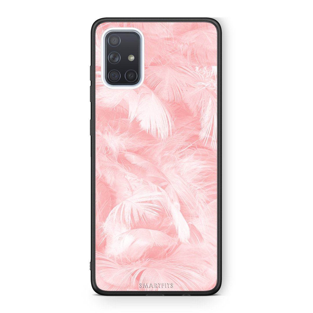 33 - Samsung A51 Pink Feather Boho case, cover, bumper