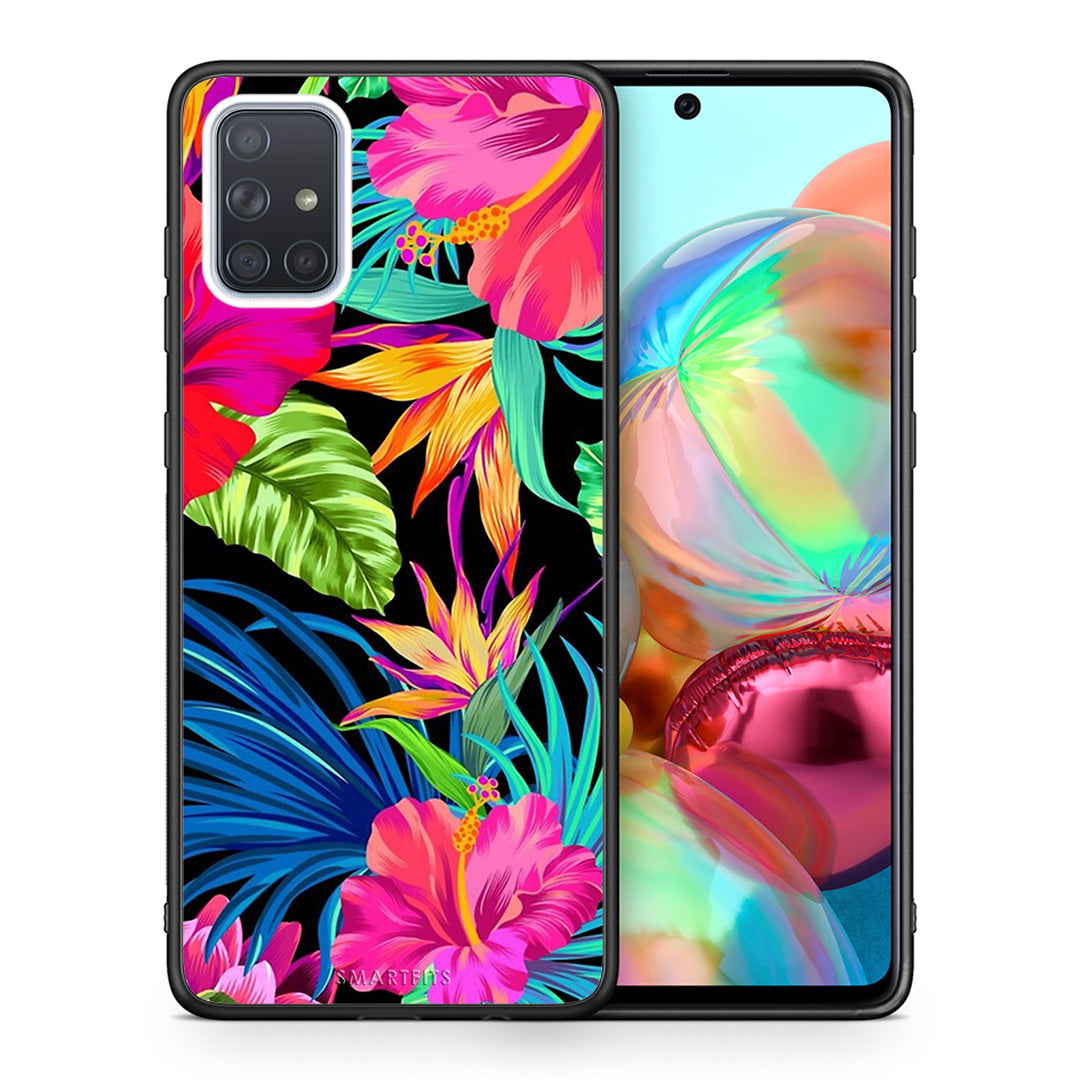 Θήκη Samsung A71 Tropical Flowers από τη Smartfits με σχέδιο στο πίσω μέρος και μαύρο περίβλημα | Samsung A71 Tropical Flowers case with colorful back and black bezels
