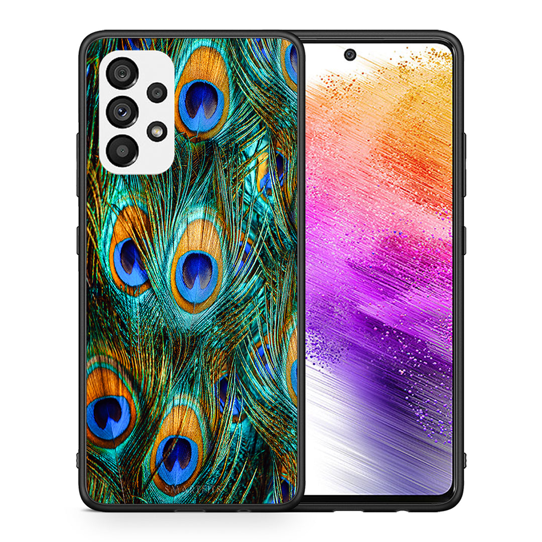 Θήκη Samsung A73 5G Real Peacock Feathers από τη Smartfits με σχέδιο στο πίσω μέρος και μαύρο περίβλημα | Samsung A73 5G Real Peacock Feathers case with colorful back and black bezels