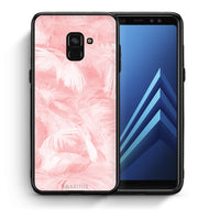 Thumbnail for Θήκη Samsung A8 Pink Feather Boho από τη Smartfits με σχέδιο στο πίσω μέρος και μαύρο περίβλημα | Samsung A8 Pink Feather Boho case with colorful back and black bezels