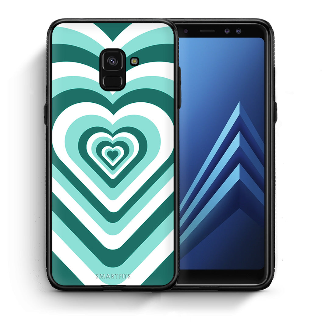 Θήκη Samsung A8 Green Hearts από τη Smartfits με σχέδιο στο πίσω μέρος και μαύρο περίβλημα | Samsung A8 Green Hearts case with colorful back and black bezels