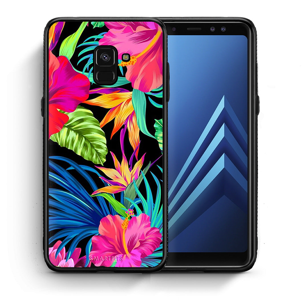 Θήκη Samsung A8 Tropical Flowers από τη Smartfits με σχέδιο στο πίσω μέρος και μαύρο περίβλημα | Samsung A8 Tropical Flowers case with colorful back and black bezels