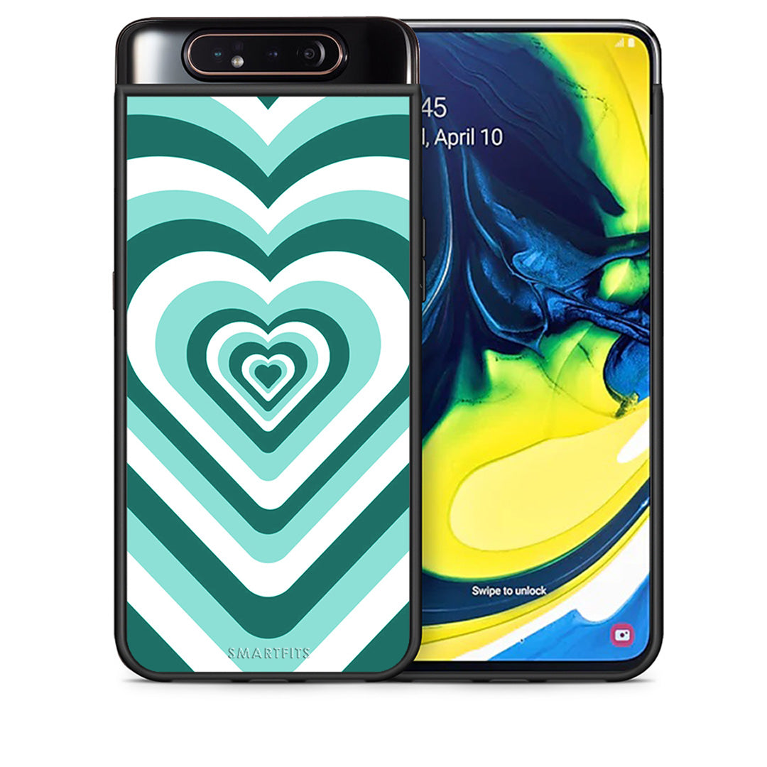 Θήκη Samsung A80 Green Hearts από τη Smartfits με σχέδιο στο πίσω μέρος και μαύρο περίβλημα | Samsung A80 Green Hearts case with colorful back and black bezels