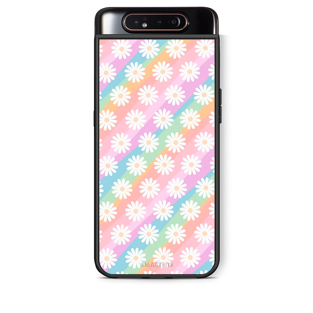 Samsung A80 White Daisies θήκη από τη Smartfits με σχέδιο στο πίσω μέρος και μαύρο περίβλημα | Smartphone case with colorful back and black bezels by Smartfits