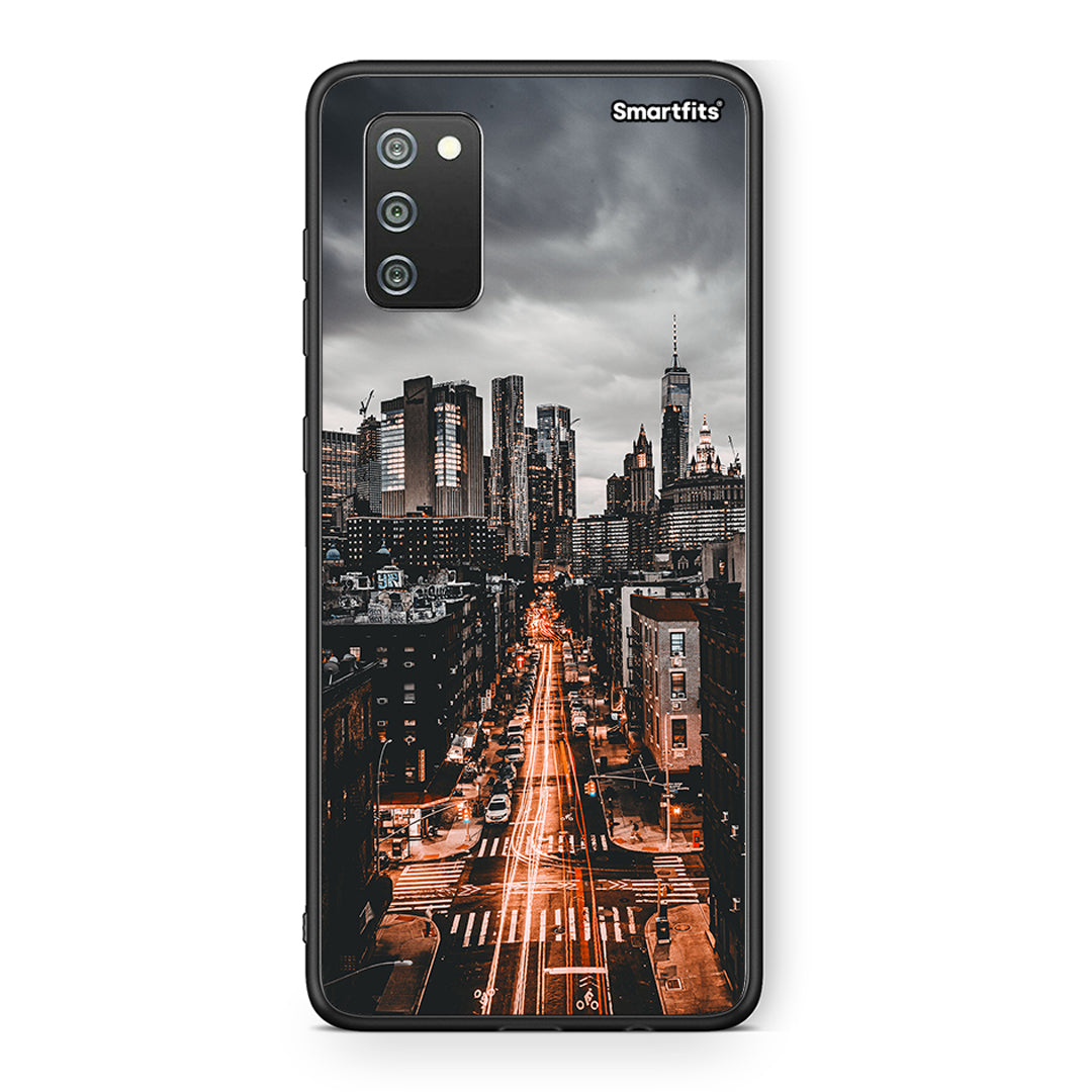 Samsung A02s City Lights θήκη από τη Smartfits με σχέδιο στο πίσω μέρος και μαύρο περίβλημα | Smartphone case with colorful back and black bezels by Smartfits