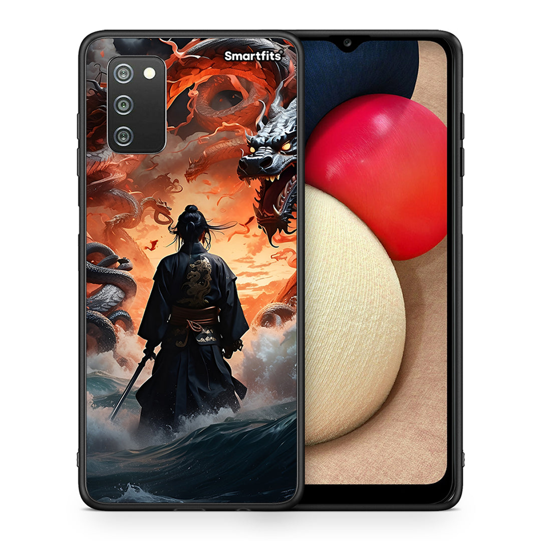 Θήκη Samsung A02s Dragons Fight από τη Smartfits με σχέδιο στο πίσω μέρος και μαύρο περίβλημα | Samsung A02s Dragons Fight case with colorful back and black bezels