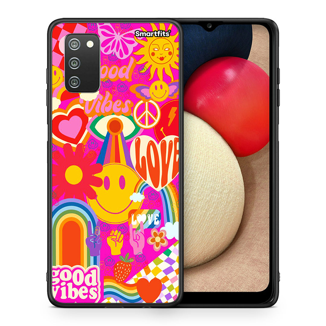 Θήκη Samsung A02s Hippie Love από τη Smartfits με σχέδιο στο πίσω μέρος και μαύρο περίβλημα | Samsung A02s Hippie Love case with colorful back and black bezels