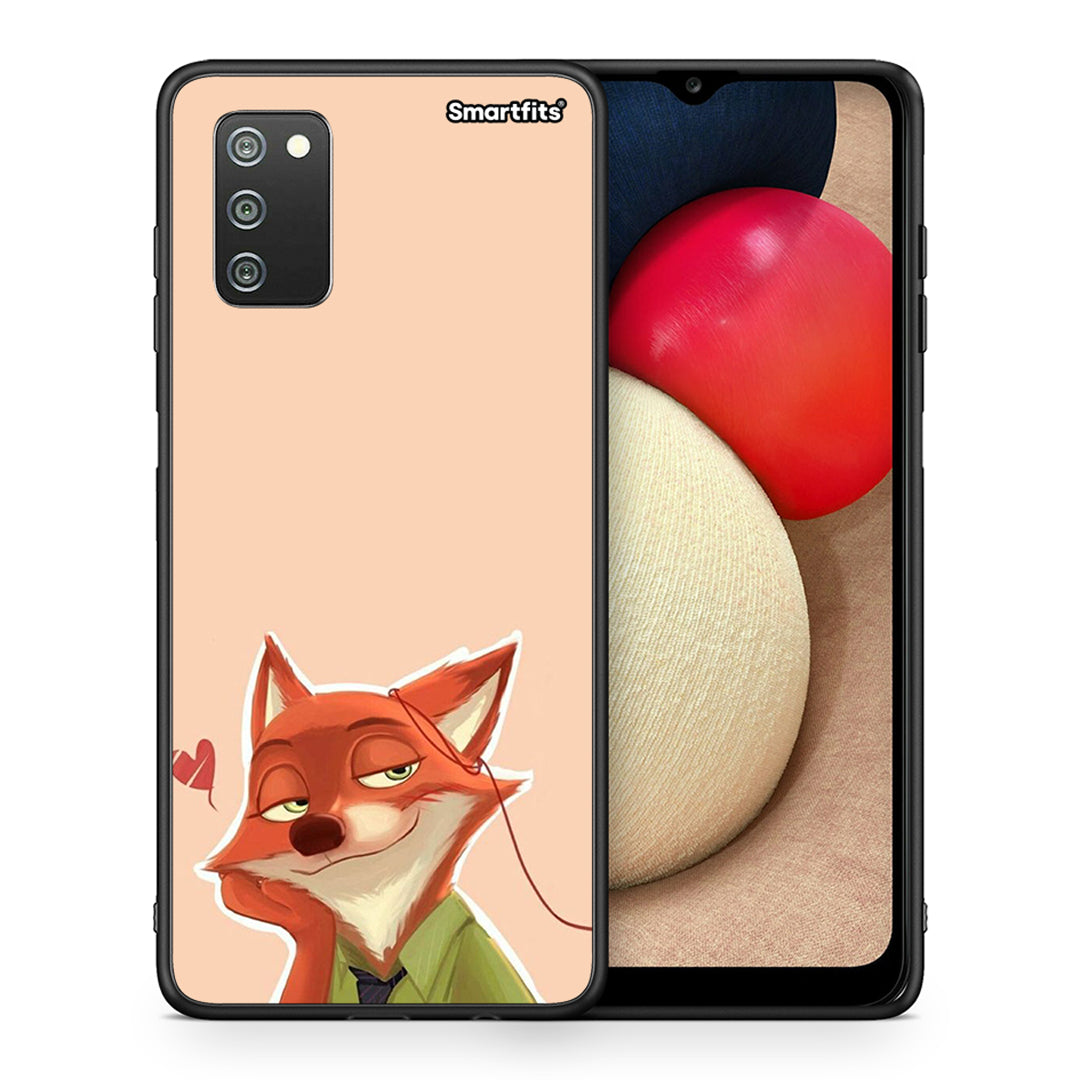 Θήκη Samsung A02s Nick Wilde And Judy Hopps Love 1 από τη Smartfits με σχέδιο στο πίσω μέρος και μαύρο περίβλημα | Samsung A02s Nick Wilde And Judy Hopps Love 1 case with colorful back and black bezels