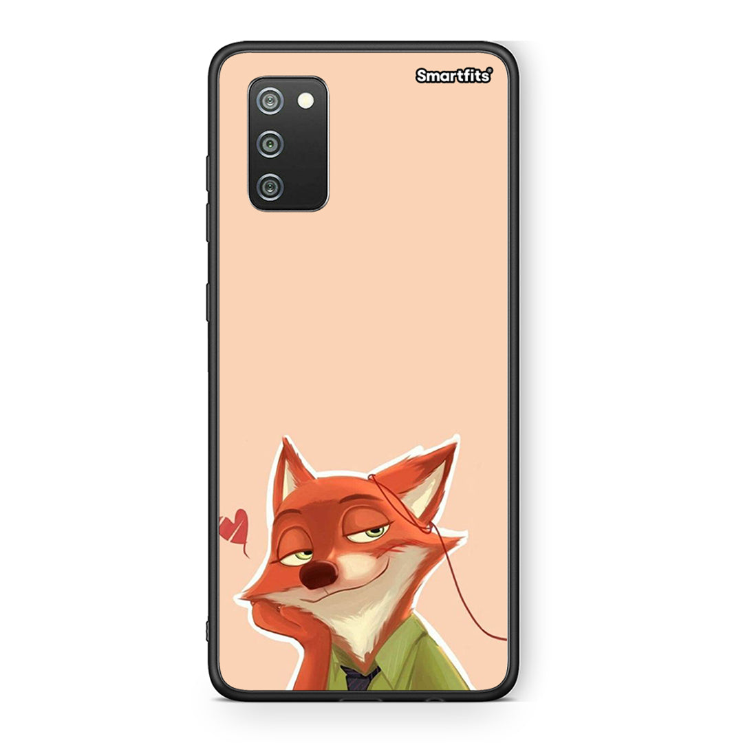 Samsung A02s Nick Wilde And Judy Hopps Love 1 θήκη από τη Smartfits με σχέδιο στο πίσω μέρος και μαύρο περίβλημα | Smartphone case with colorful back and black bezels by Smartfits