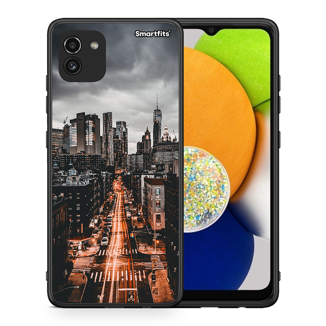 Θήκη Samsung A03 City Lights από τη Smartfits με σχέδιο στο πίσω μέρος και μαύρο περίβλημα | Samsung A03 City Lights case with colorful back and black bezels