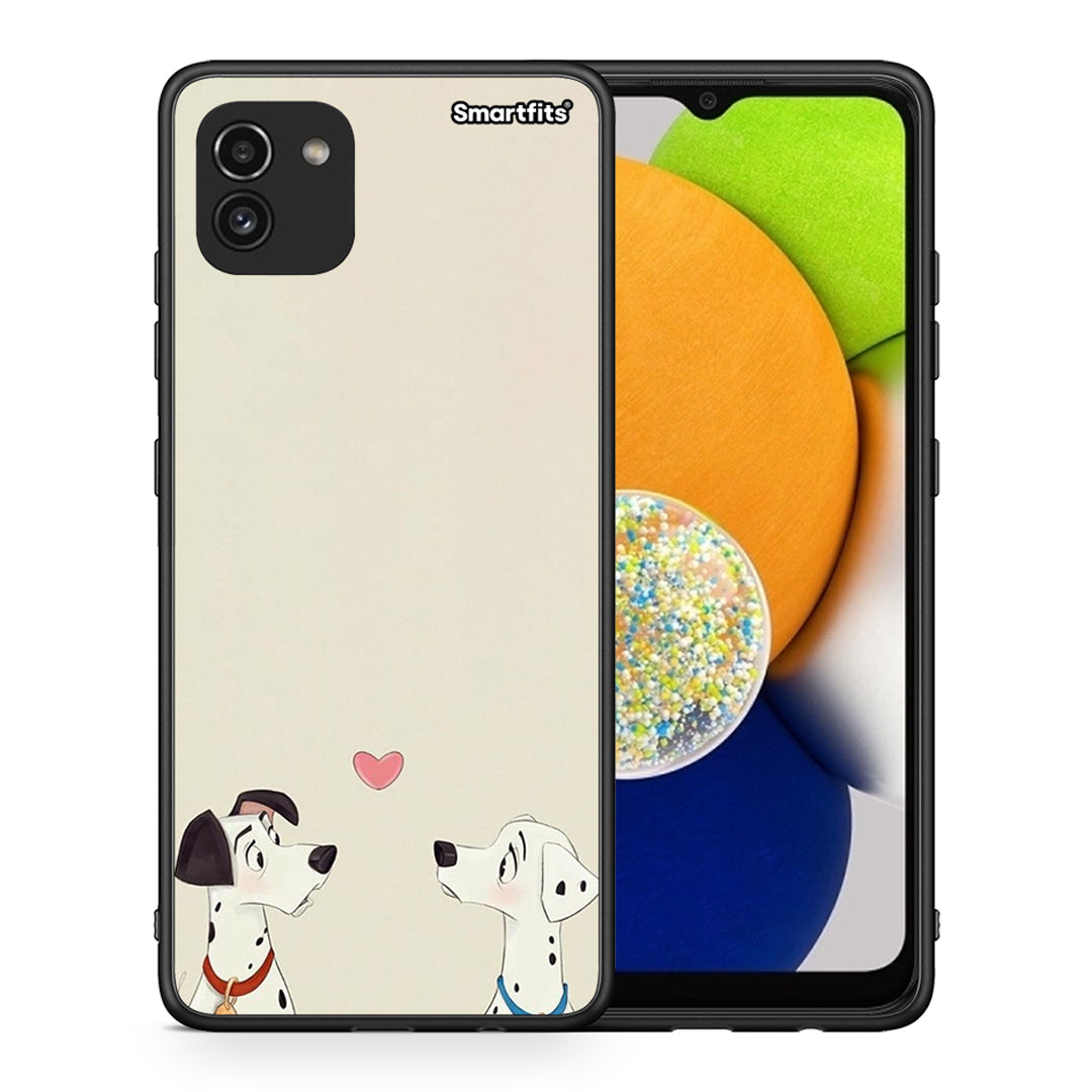 Θήκη Samsung A03 Dalmatians Love από τη Smartfits με σχέδιο στο πίσω μέρος και μαύρο περίβλημα | Samsung A03 Dalmatians Love case with colorful back and black bezels