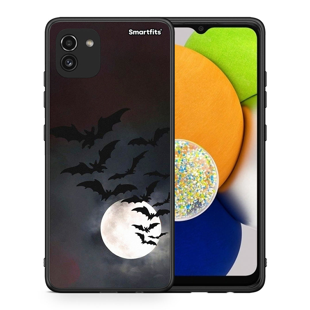 Θήκη Samsung A03 Halloween Bat Night από τη Smartfits με σχέδιο στο πίσω μέρος και μαύρο περίβλημα | Samsung A03 Halloween Bat Night case with colorful back and black bezels