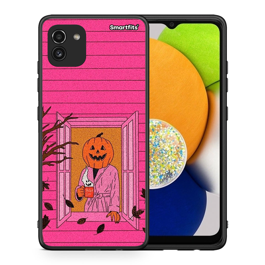 Θήκη Samsung A03 Halloween Pumpkin Lady από τη Smartfits με σχέδιο στο πίσω μέρος και μαύρο περίβλημα | Samsung A03 Halloween Pumpkin Lady case with colorful back and black bezels