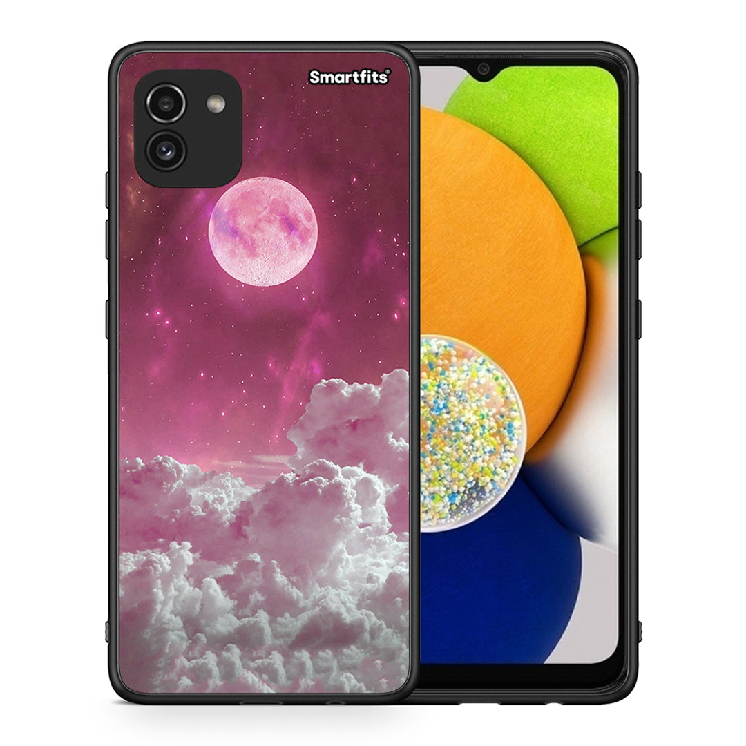Θήκη Samsung A03 Pink Moon από τη Smartfits με σχέδιο στο πίσω μέρος και μαύρο περίβλημα | Samsung A03 Pink Moon case with colorful back and black bezels