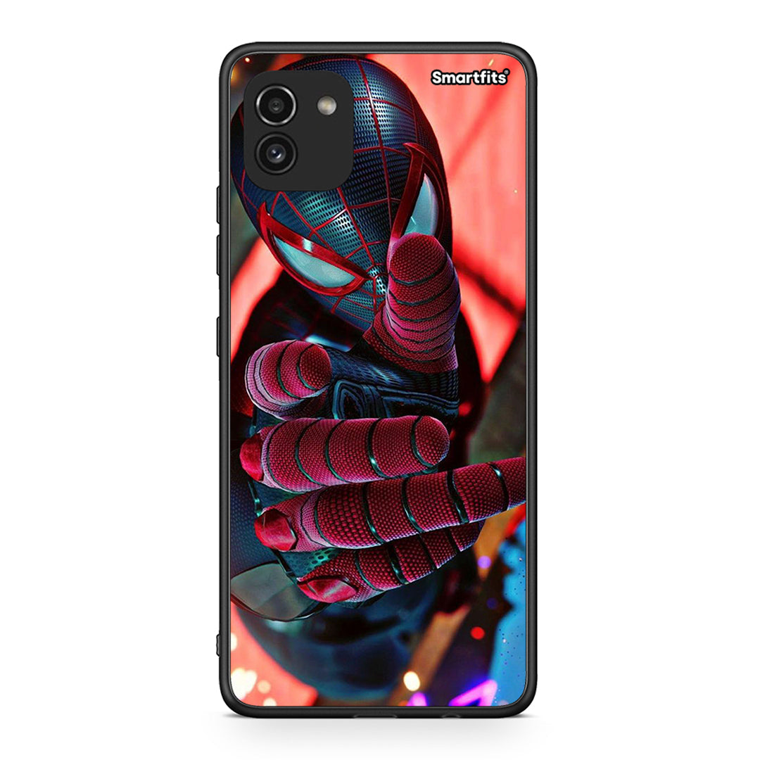 Samsung A03 Spider Hand θήκη από τη Smartfits με σχέδιο στο πίσω μέρος και μαύρο περίβλημα | Smartphone case with colorful back and black bezels by Smartfits