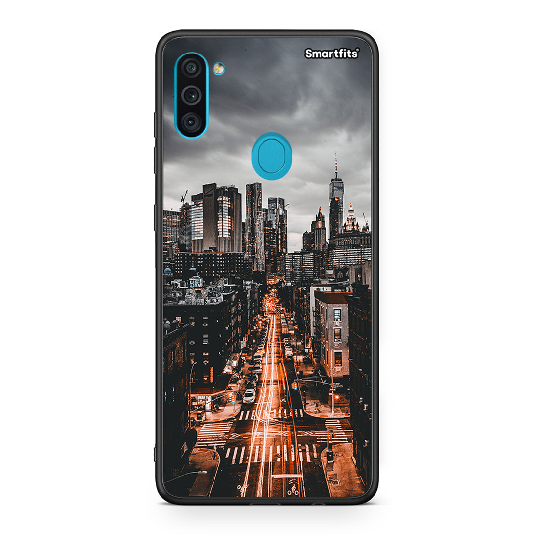 Samsung A11/M11 City Lights θήκη από τη Smartfits με σχέδιο στο πίσω μέρος και μαύρο περίβλημα | Smartphone case with colorful back and black bezels by Smartfits