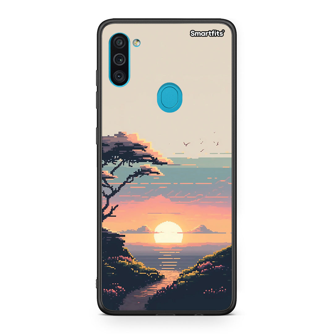 Samsung A11 / M11 Pixel Sunset Θήκη από τη Smartfits με σχέδιο στο πίσω μέρος και μαύρο περίβλημα | Smartphone case with colorful back and black bezels by Smartfits