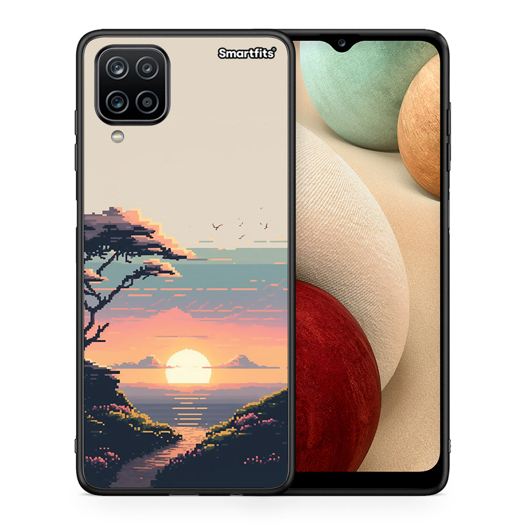 Θήκη Samsung A12 Pixel Sunset από τη Smartfits με σχέδιο στο πίσω μέρος και μαύρο περίβλημα | Samsung A12 Pixel Sunset case with colorful back and black bezels