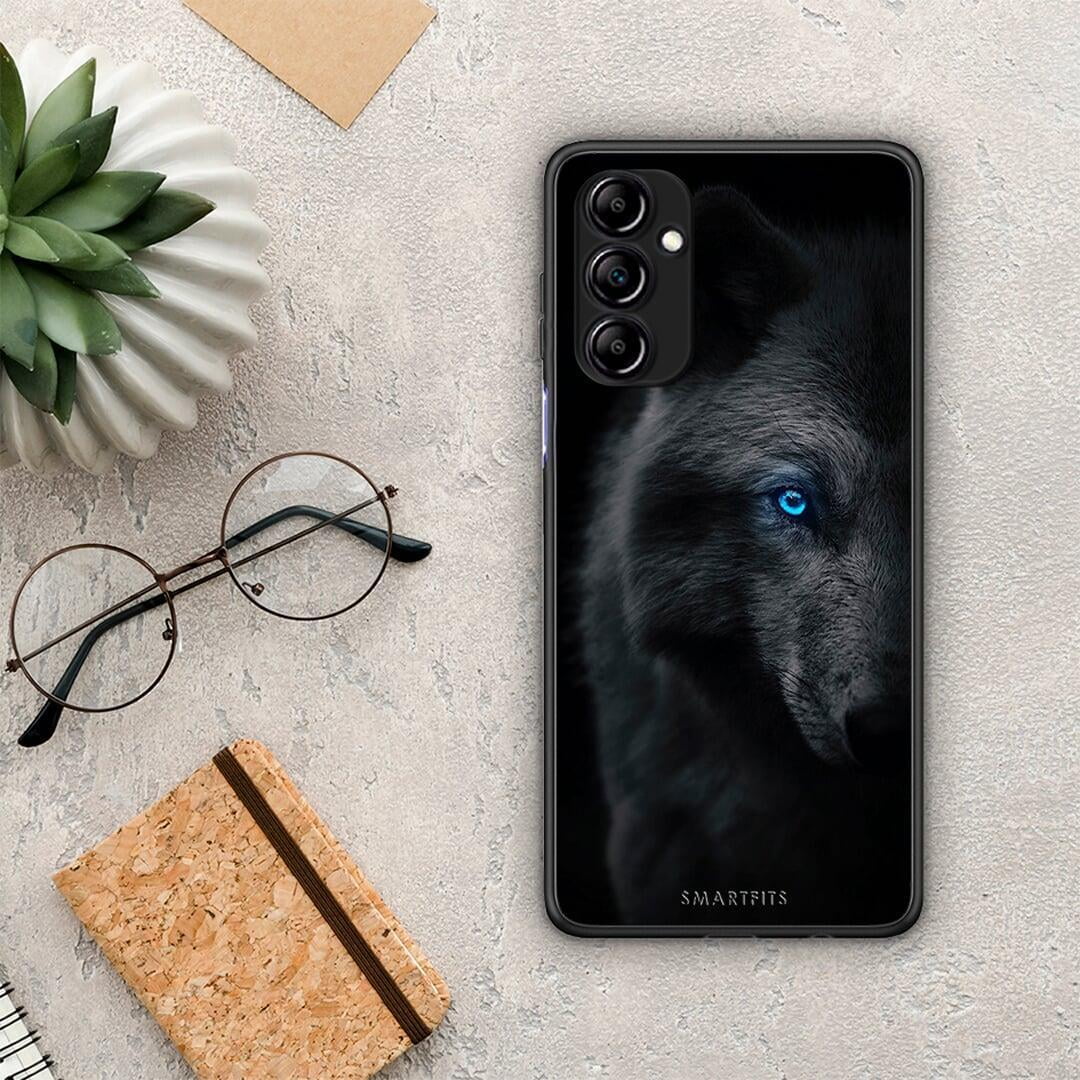 Θήκη Samsung Galaxy A14 / A14 5G Dark Wolf από τη Smartfits με σχέδιο στο πίσω μέρος και μαύρο περίβλημα | Samsung Galaxy A14 / A14 5G Dark Wolf Case with Colorful Back and Black Bezels