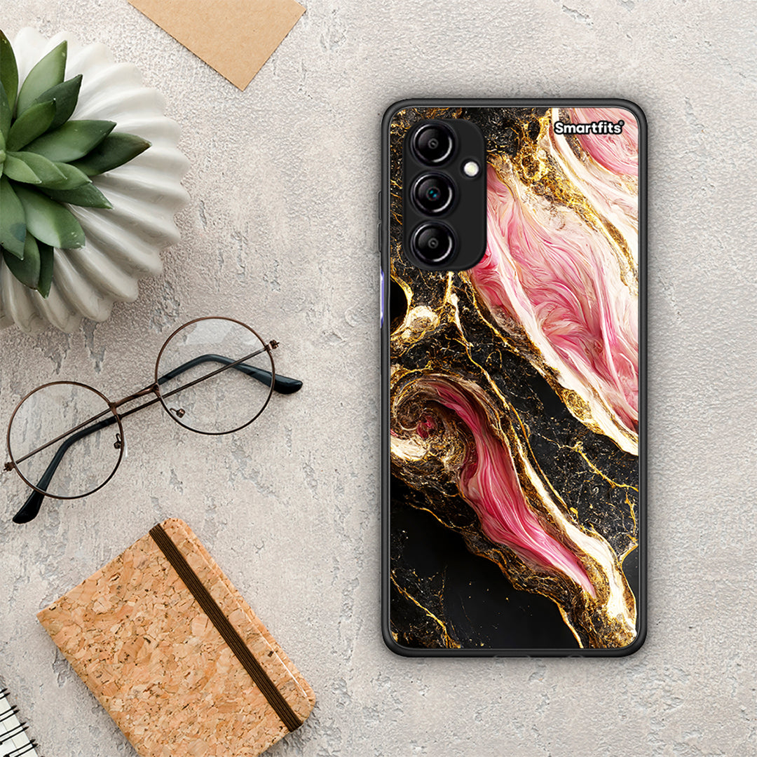 Θήκη Samsung Galaxy A14 / A14 5G Glamorous Pink Marble από τη Smartfits με σχέδιο στο πίσω μέρος και μαύρο περίβλημα | Samsung Galaxy A14 / A14 5G Glamorous Pink Marble Case with Colorful Back and Black Bezels