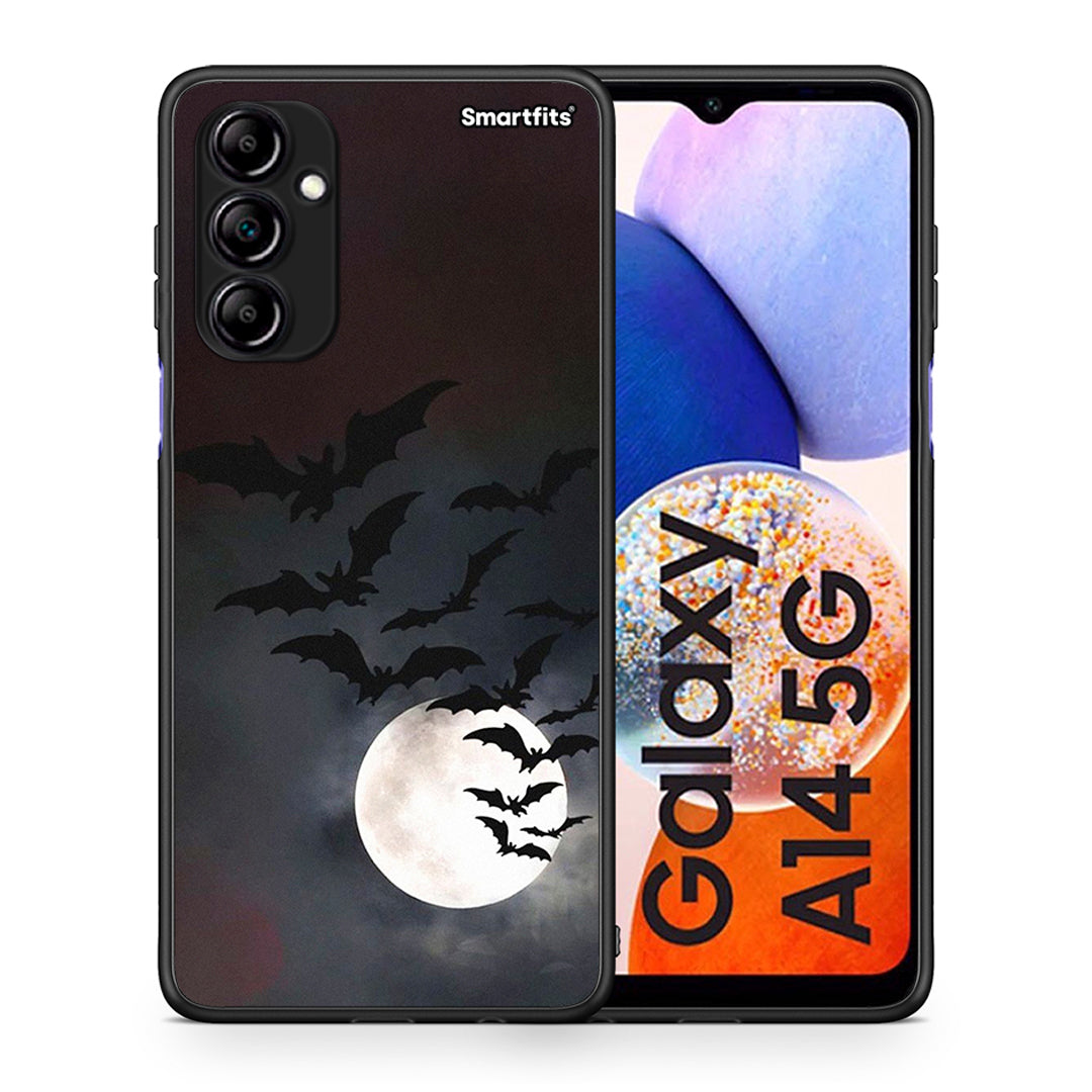 Θήκη Samsung Galaxy A14 / A14 5G Halloween Bat Night από τη Smartfits με σχέδιο στο πίσω μέρος και μαύρο περίβλημα | Samsung Galaxy A14 / A14 5G Halloween Bat Night Case with Colorful Back and Black Bezels